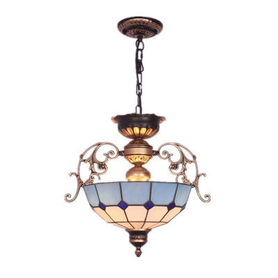 Vintage Bowl Shade Chandelier Suspension Light 3 Heads Gridded Glass Pendant Light for Corridor