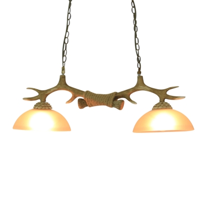Wood Antler Island Light Rustic Resin 2-Head Dining Room Hanging Lamp with Bowl Frosted Glass Shade