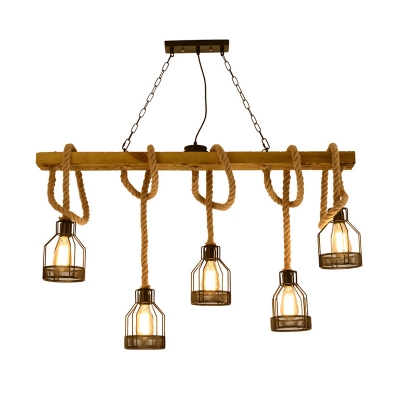 Wood Linear Hanging Light Country Rope 5-Head Dining Room Island Pendant with Cage Frame