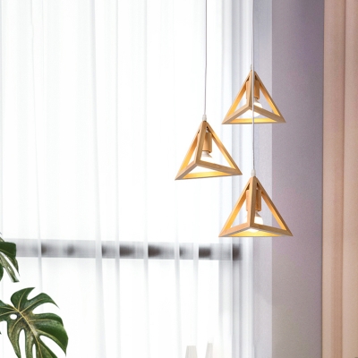 Wooden Geometric Cage Pendant Lighting Fixture Nordic 3 Lights Multiple Hanging Lamp