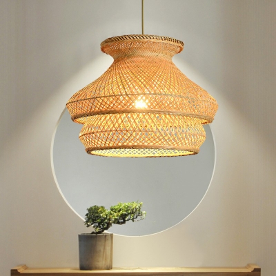 Woven Urn Shaped Hanging Ceiling Light Japanese Bamboo 1 Bulb Wood Pendant Light Fixture