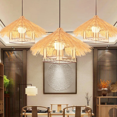 1-Light Restaurant Pendant Lighting Asian Style Wood Hanging Lamp with Woven Bamboo Shade