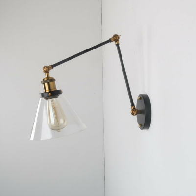 1-Light Wall Mount Light Industrial Tapered Clear Glass Wall Light Fixture with Long Arm