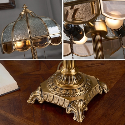 2-Light Scalloped Table Light Antique Style Brass Seedy Glass Night Lamp with Pull Chain