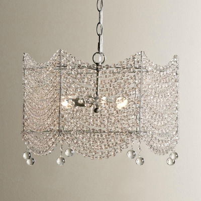3 Heads Chandelier Pendant Light Vintage Scalloped Crystal Bead Hanging Light in Silver