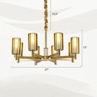 Antiqued Gold Chandelier Postmodern Amber Rib Glass Cylinder Pendant Light Fixture