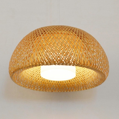Bamboo Dome Ceiling Pendant Lamp Asian 1 Head Wood Suspension Light with White Glass Shade for Hallway