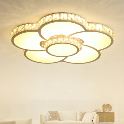 Beveled Crystal Flower Flush Light Contemporary White LED Ceiling Mounted Lamp for Living Room