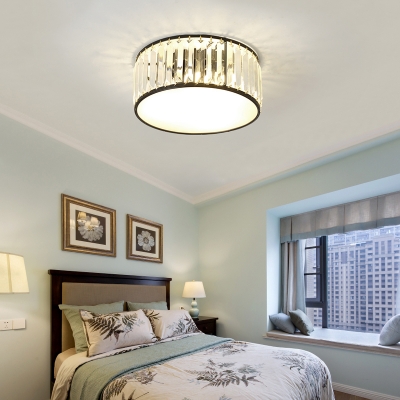 Black Drum Flush Mount Ceiling Fixture Simplicity Tri-Sided Crystal Flush Light for Bedroom