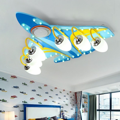Childrens Aircraft Ceiling Lighting Opaline Glass Boys Bedroom Flush Mounted Light in Blue