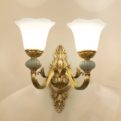 Colonial Style Floral Wall Sconce Frosted White Glass Wall Mount Lighting with Ceramic Accent in Gold