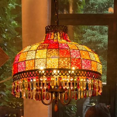 Colorful Glass Cap Shaped Pendant Turkish 1-Light Restaurant Ceiling Hang Light with Crystal Drip