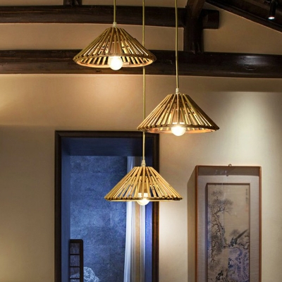 Conical Bamboo Multi-Light Pendant Cottage Wood Hanging Light Fixture for Stairway