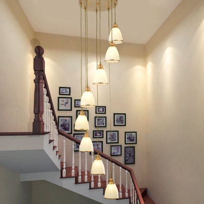 Cream Glass Bell Shaped Cluster Pendant Light Contemporary Suspension Lighting for Duplex House