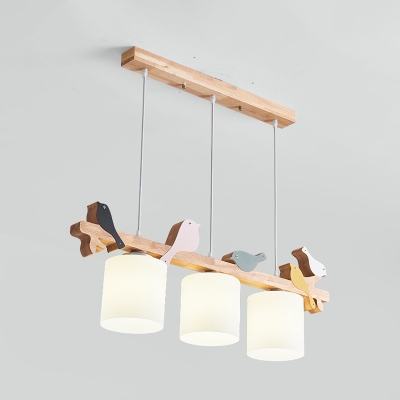 Cream Glass Cylindrical Island Lamp Nordic Wood Pendant Lighting with Bird Decoration