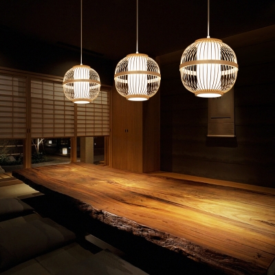 Curved Drum Bamboo Suspension Light Simplicity 1-Light Wood Pendant Light Fixture for Tea Room