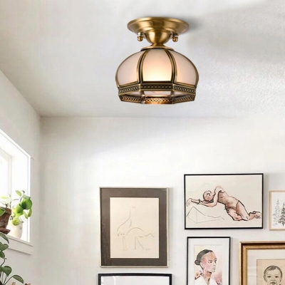 Dome Cream Glass Semi Flush Light Simplicity 1 Bulb Corridor Ceiling Flush Mount in Brass