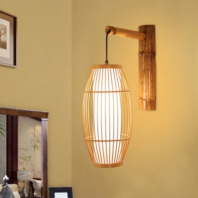 Elongated Oval Restaurant Wall Light Fixture Bamboo Single-Bulb Contemporary Wall Mounted Lamp in Wood