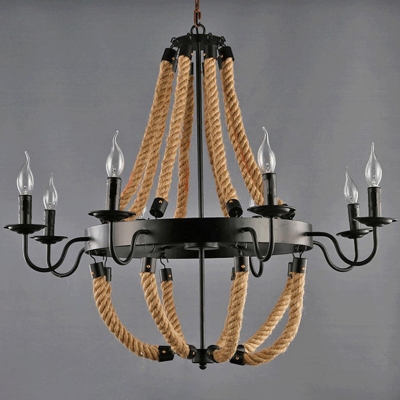 Farmhouse Candle Style Chandelier 8-Light Hemp Rope Ceiling Suspension Lamp in Flaxen