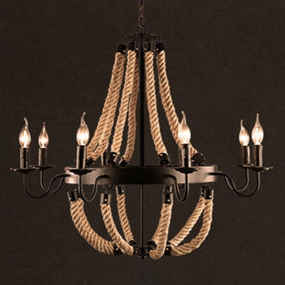 Farmhouse Candle Style Chandelier 8-Light Hemp Rope Ceiling Suspension Lamp in Flaxen