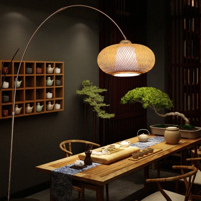 Fishing Rod Tear Room Floor Lamp Bamboo 1 Head Chinese Standing Light with Lantern Shade in Wood