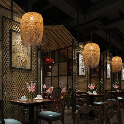 Fringed Bell Tea Room Suspension Light Bamboo 1-Light Simplicity Pendant Light Fixture in Wood