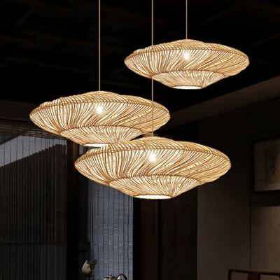 Geometric Tearoom Pendant Light Rattan 1 Head Minimalist Ceiling Hang Lamp in Wood