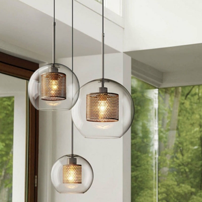 Global Pendant Light Fixture Modern Clear Glass 1 Head Brass Finish Ceiling Light with Mesh Cage Inside
