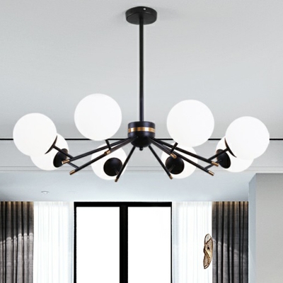 Globe Suspension Pendant Light Nordic Ivory Glass Living Room Chandelier in Black