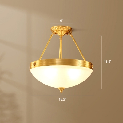 Gold Bowl Shade Semi Flush Traditional Cream Glass Bedroom Flush Ceiling Light Fixture