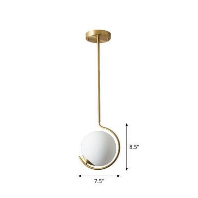 Gold Finish C-Arm Ceiling Pendant Simplicity 1-Light Metal Pendulum Light with Ball White Glass Shade