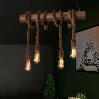Hand-Wrapped Rope Bare Bulb Design Island Lamp Cottage 4-Head Dining Room Pendant Light in Wood