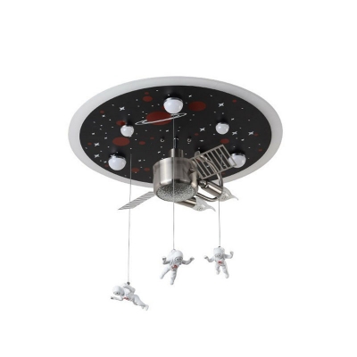 Kids Artificial Satellite Flush Light Metal 3-Bulb Bedroom Ceiling Mounted Fixture in Black