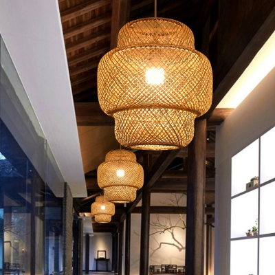 Lantern Corridor Pendant Lighting Bamboo Single-Bulb Asian Style Ceiling Light in Wood