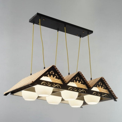 Lodge Gable Roof Pendant Lighting Fixture Bamboo Dining Room Island Light with Ribbed Glass Shade in Wood
