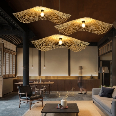 Lotus Leaf Ceiling Light South-east Asia Bamboo Single Restaurant Hanging Pendant Light in Wood