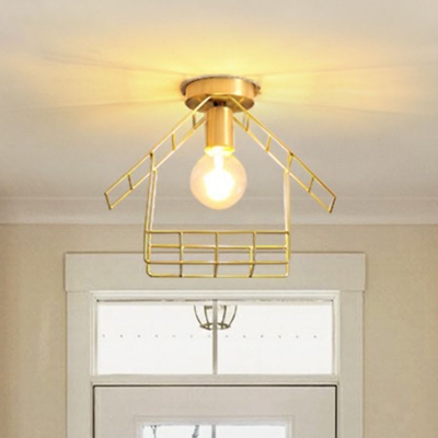 Metal Gold Flush Light House Frame Shaped 1 Bulb Minimalist Semi Flush Mount Ceiling Light