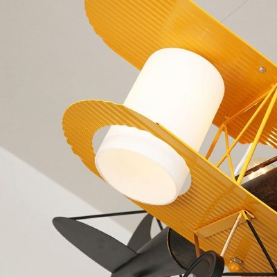 Metallic Biplane LED Chandelier Kid 2-Light Yellow Hanging Lamp with Cylindrical Frosted Glass Shade