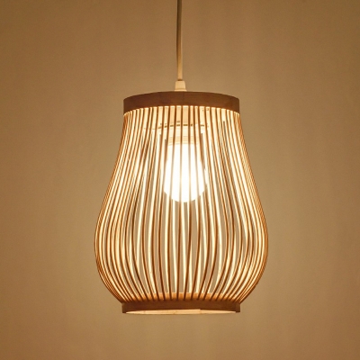 Pear Shaped Sushi House Pendant Light Bamboo 1 Bulb Asian Hanging Lamp Kit in Wood