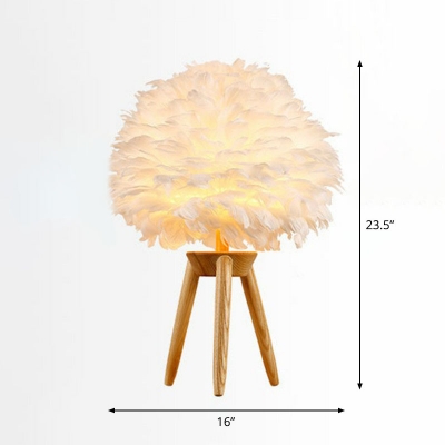 Petal Table Lighting Nordic Style Feather 1-Light Bedroom Nightstand Lamp with Wooden Tripod in White