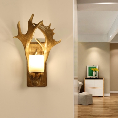 Rustic Antler Wall Sconce Light Resin Wall Mount Lighting in Wood with Cylindrical White Glass Shade