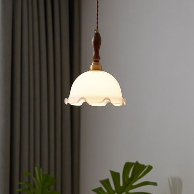 Single Hanging Light Simplicity Flower Cream Glass Pendant Light Fixture with Ruffle Edge