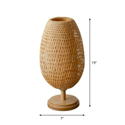 South-East Asia Single-Bulb Night Light Wood Oval Table Lighting with Bamboo Shade