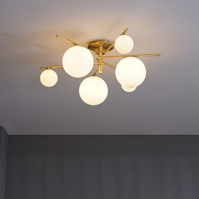 Sphere Living Room Flush Mount Light Cream Glass Nordic Style Semi Flush Ceiling Light in Gold