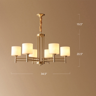 Up Chandelier Minimalist Living Room Pendant Light with Cylinder Opal Glass Shade in Brass