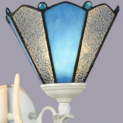 White 1-Light Wall Sconce Mediterranean Blue and Water Glass Conical Wall Mount Light for Corridor