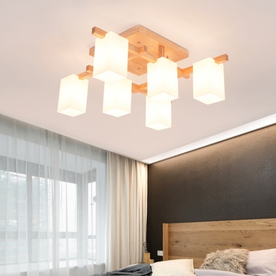 White Glass Cuboid Semi Flush Light Fixture Nordic Wood Close to Ceiling Lamp for Bedroom