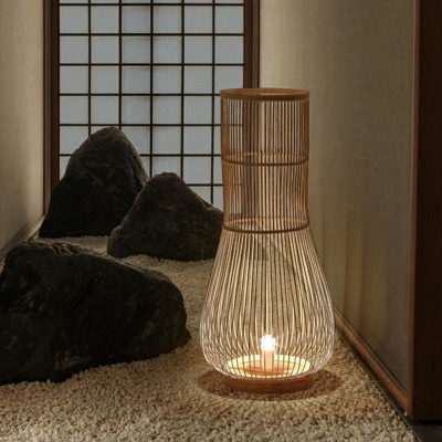 Asian 1-Light Floor Lamp Brown Pear Shaped Standing Floor Light with Bamboo Shade