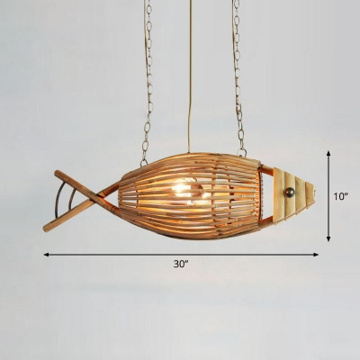 Asian Fish Shaped Pendant Ceiling Light Bamboo 1 Bulb Restaurant Chandelier in Wood