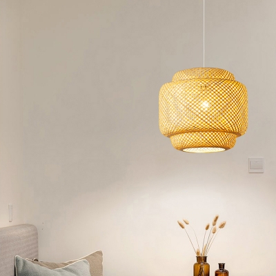 Bamboo Lantern Suspension Lighting Minimalist 1 Head Wood Pendant Ceiling Light for Restaurant